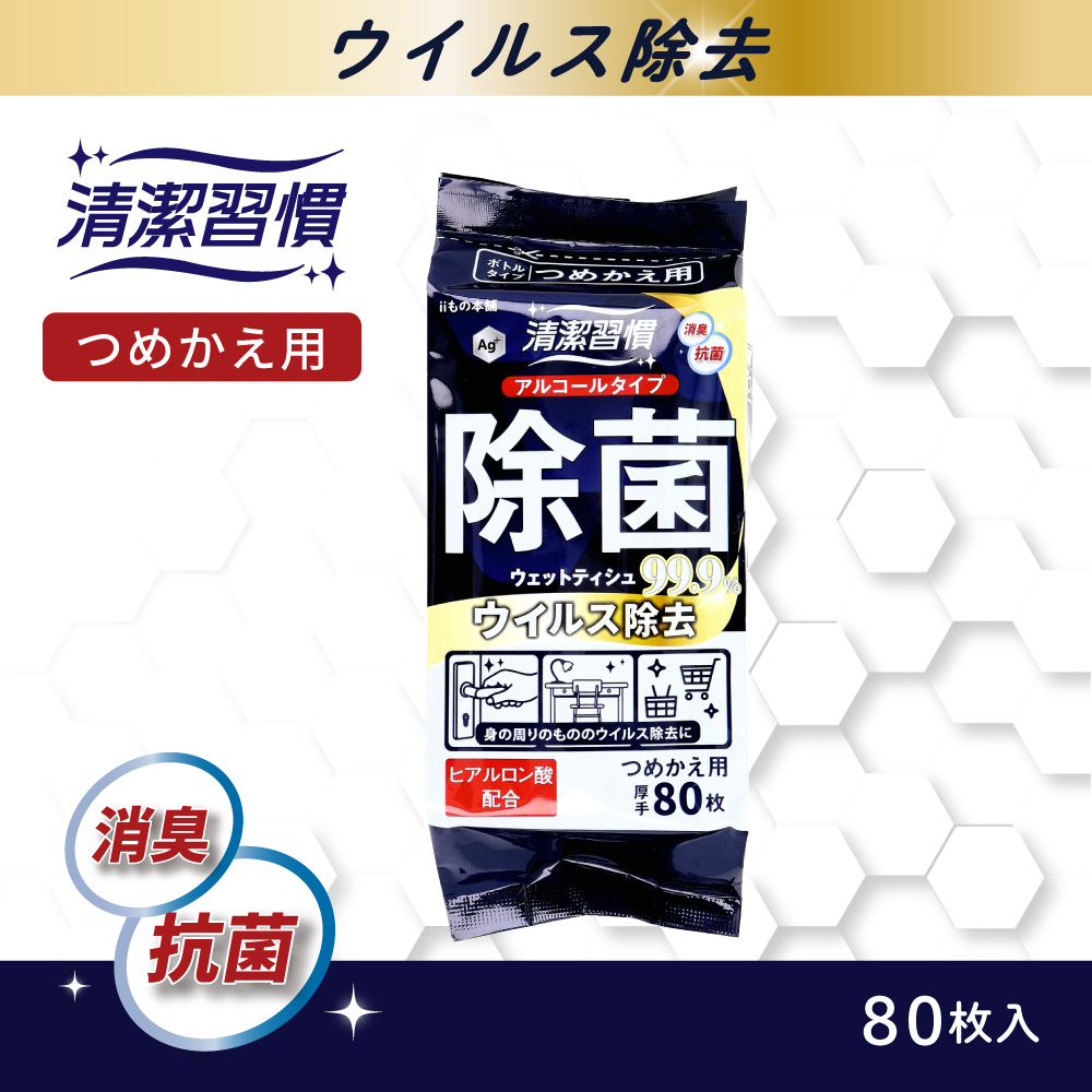 清潔習慣 アルコールタイプ 除菌ウェットティシュ ウイルス除去 ボトルタイプ 詰替用 80枚入