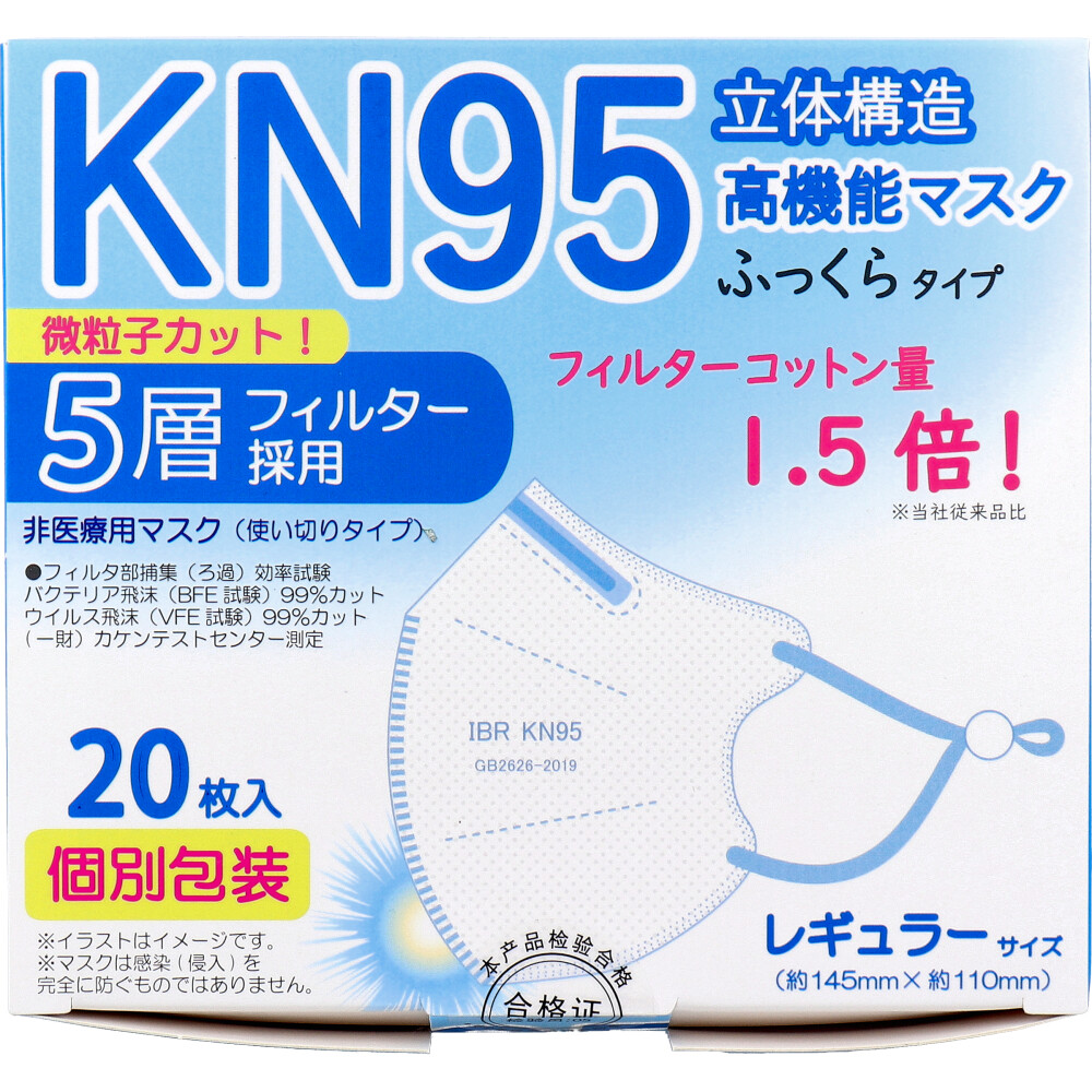 【業務用】KN95 立体構造高機能マスク ふっくらタイプ 5層フィルター 個別包装 レギュラーサイズ 20枚入