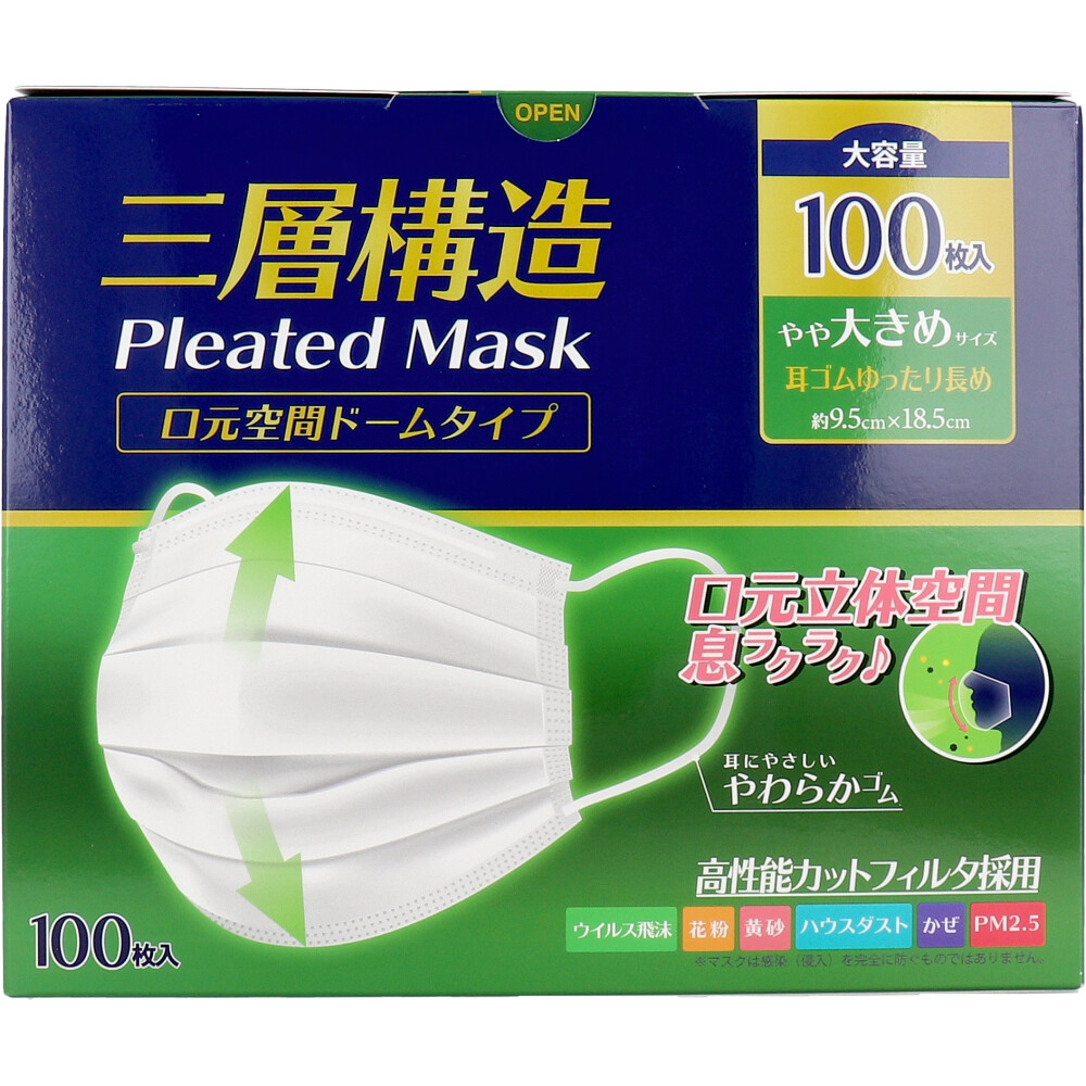 三層構造プリーツマスク 口元空間ドームタイプ やや大きめサイズ 大容量 100枚入