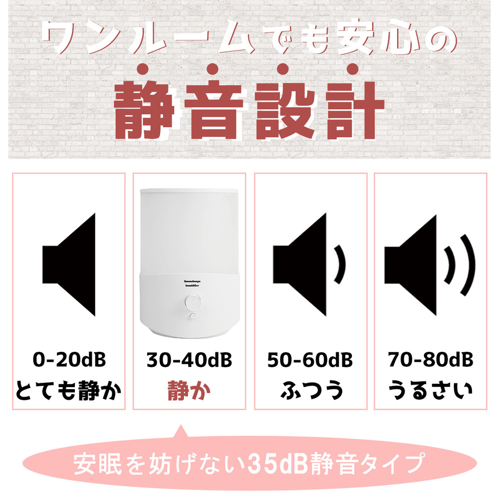 iiもの本舗2.5L加湿器が35dBで静音設計してあることを表した画像