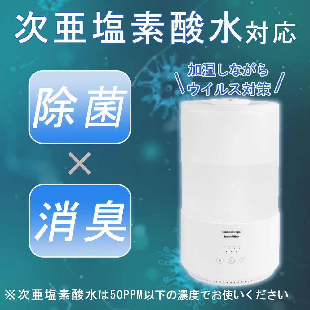 iiもの本舗4L加湿器が次亜塩素酸水対応であることに訴求した画像