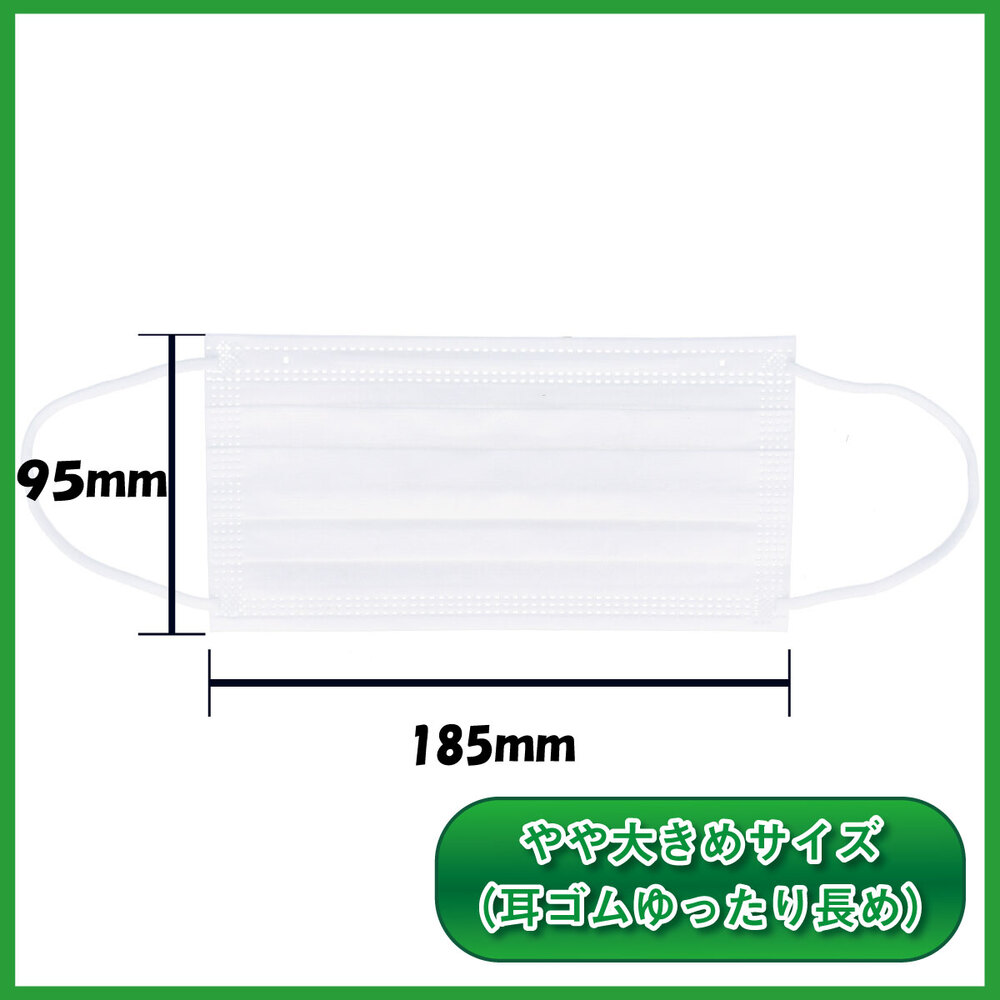 やや大きめサイズの三層構造プリーツドームタイプマスクの一枚の写真と大きさを載せたバナー画像