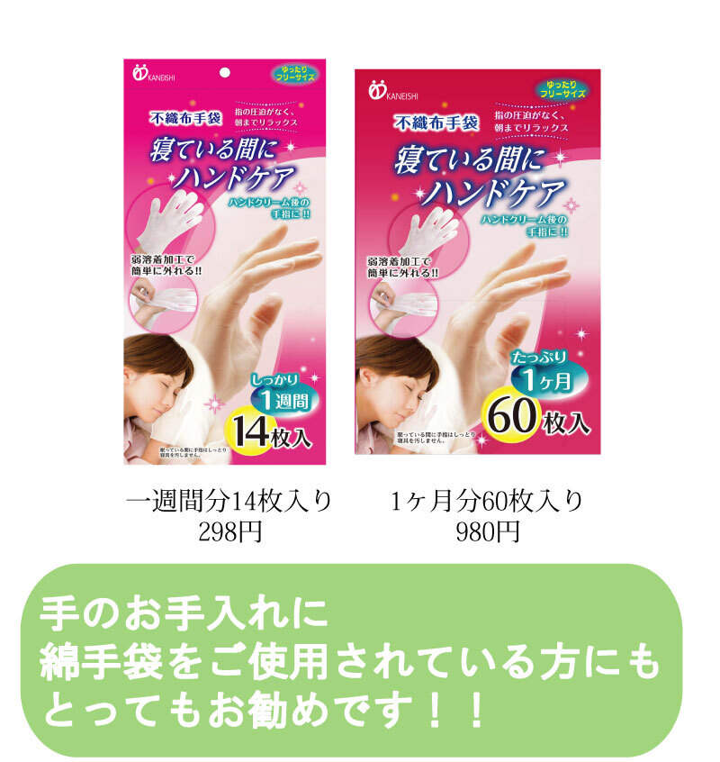 寝ている間にハンドケアの14枚入と60枚入の写真と金額を並べたバナー画像